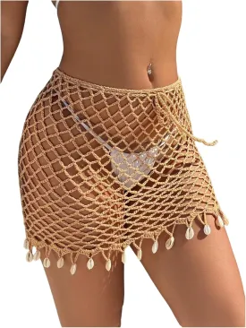 MakeMeChic Women's Crochet Mini Skirt Hollow Out Beach Cover Up Fringe Short Skirt