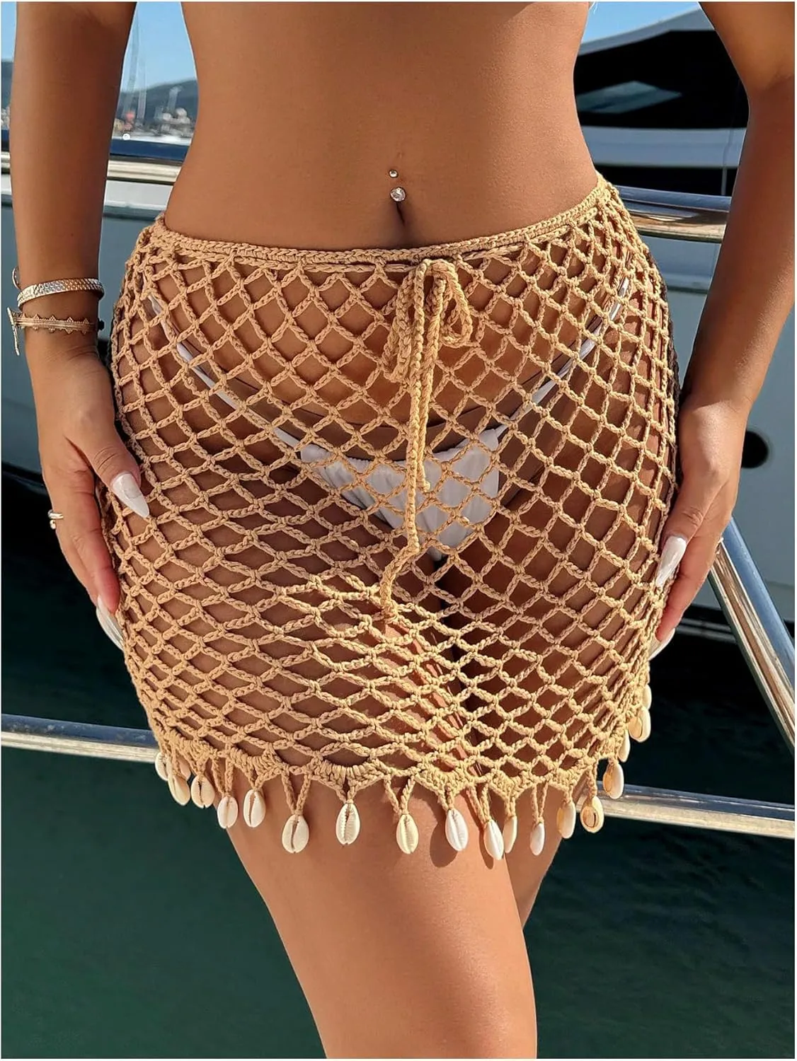 MakeMeChic Women's Crochet Mini Skirt Hollow Out Beach Cover Up Fringe Short Skirt