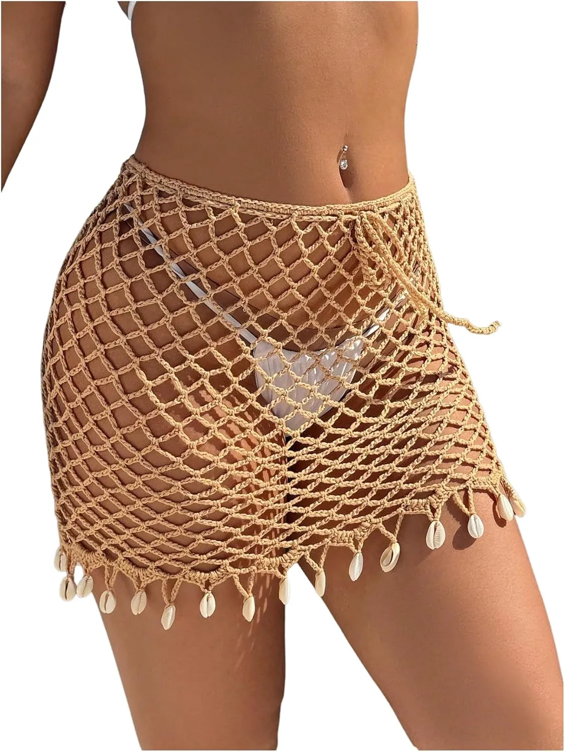 MakeMeChic Women's Crochet Mini Skirt Hollow Out Beach Cover Up Fringe Short Skirt