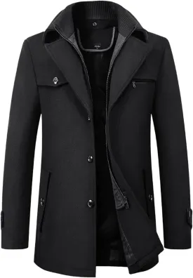 Mens Trench Coat Notched Lapel Collar Single Breasted Mid Long Length Pea Coat Casual Business Work Classic Overcoat