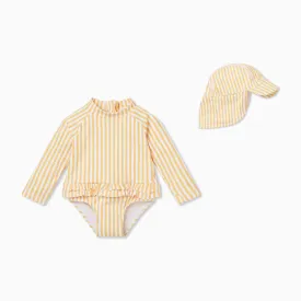 Mustard Stripe Frill Long Sleeve Swimsuit & Swim Hat Set