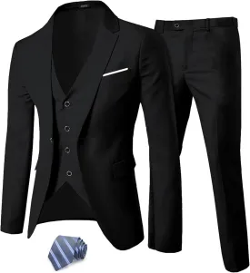 MY'S Men's 3 Piece Slim Fit Suit Set, One Button Solid Jacket Vest Pants with Tie