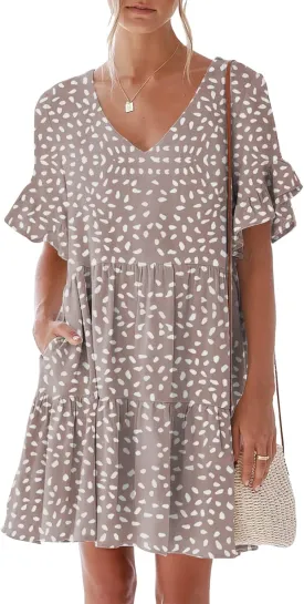 nclook Womens Summer Casual Dresses Sweet Cute V Neck Mini Dress with Pockets Ruffle Short Sleeve