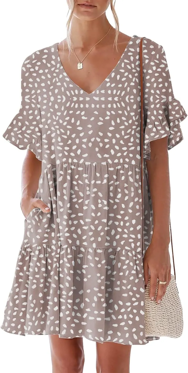 nclook Womens Summer Casual Dresses Sweet Cute V Neck Mini Dress with Pockets Ruffle Short Sleeve
