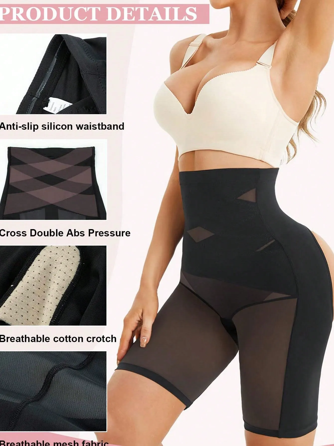 Nylon Material Breathable Cross Abdomen & Buttocks Shaping & Lifting Shorts