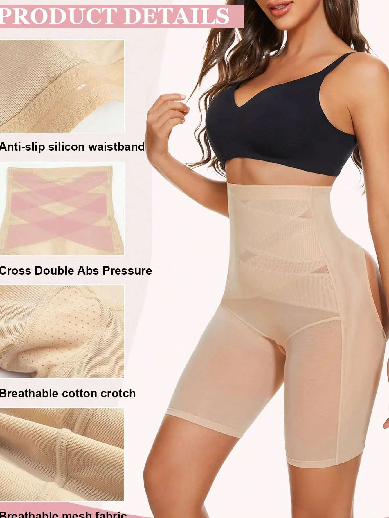 Nylon Material Breathable Cross Abdomen & Buttocks Shaping & Lifting Shorts