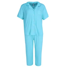 PJ Couture Women's Button Down Wavy Notch Collar Short Sleeve Capri Set