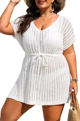 Plus Size Swimsuit Cover Up Women - Crochet Beach Romper Knit Bathing Suit Short Sleeve V Neck Swimwear Coverup Dress