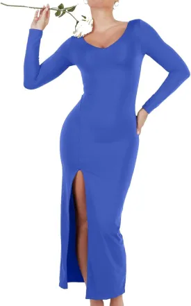 Popilush Shapewear Dresses for Womens Long Sleeve V Neck Maxi Dress with Slit Bodycon Wedding Guest Formal Fall Dress