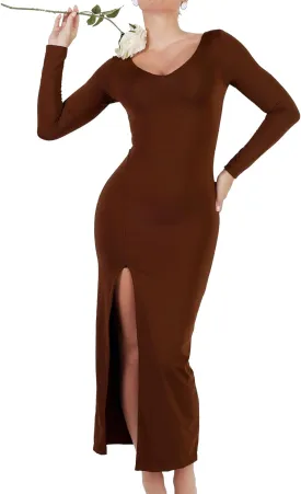 Popilush Shapewear Dresses for Womens Long Sleeve V Neck Maxi Dress with Slit Bodycon Wedding Guest Formal Fall Dress
