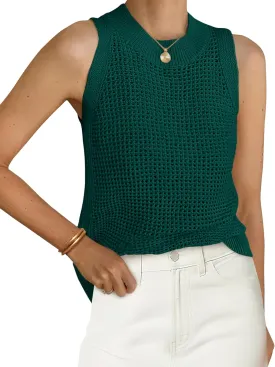 PRETTYGARDEN Summer Crochet Tank Tops for Women 2025 Casual Crewneck Hollow Out Loose Knit Sleeveless Sweater Vest Top Trendy