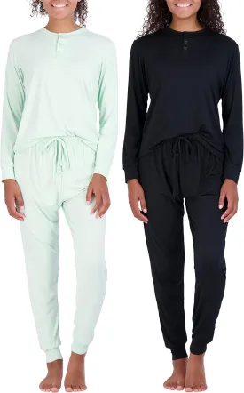 Real Essentials 2 Pack: Women's Soft Long Sleeve Sleep Set - Comfortable Lounge Pull Over Hoodie and Henley Jogger