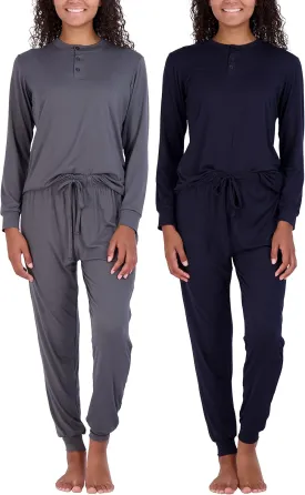 Real Essentials 2 Pack: Women's Soft Long Sleeve Sleep Set - Comfortable Lounge Pull Over Hoodie and Henley Jogger