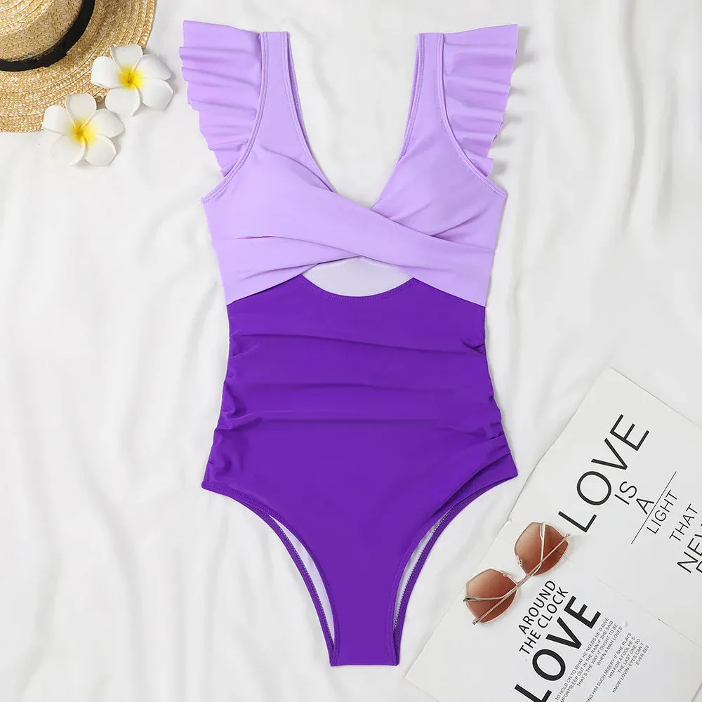 Ruffle V-neck cut out swimsuit
