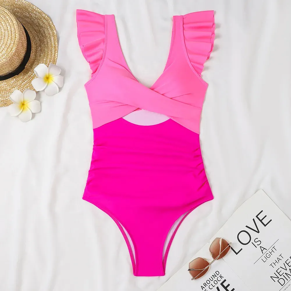 Ruffle V-neck cut out swimsuit