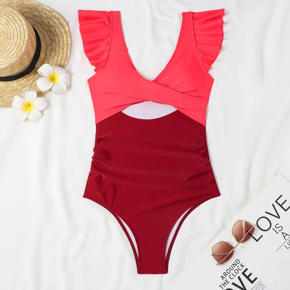Ruffle V-neck cut out swimsuit