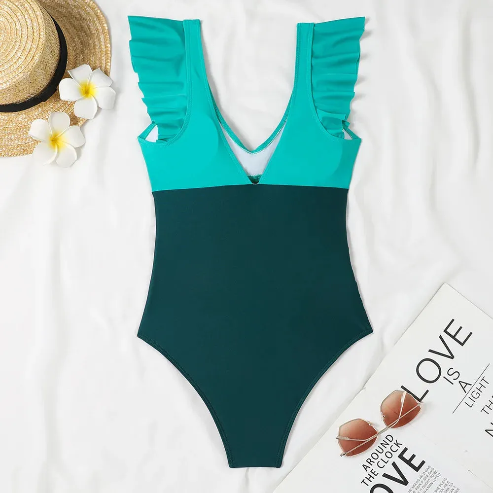 Ruffle V-neck cut out swimsuit