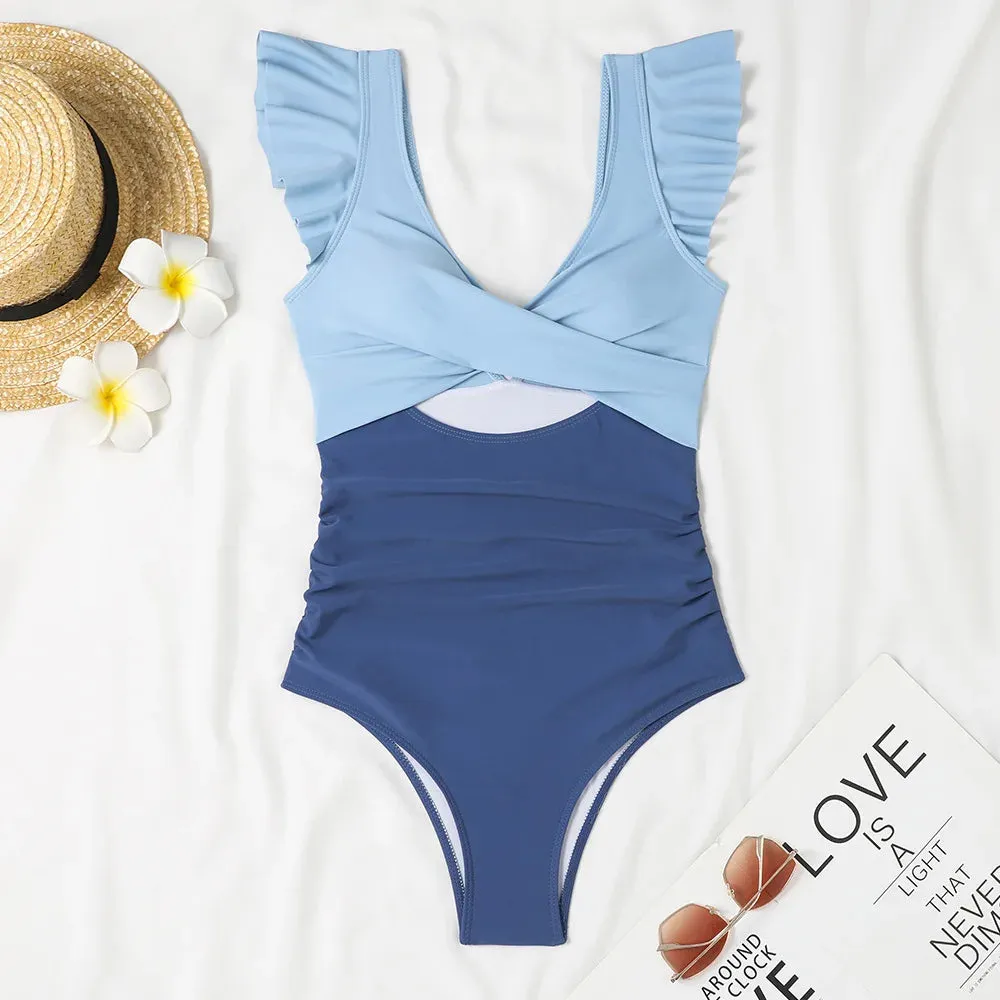 Ruffle V-neck cut out swimsuit