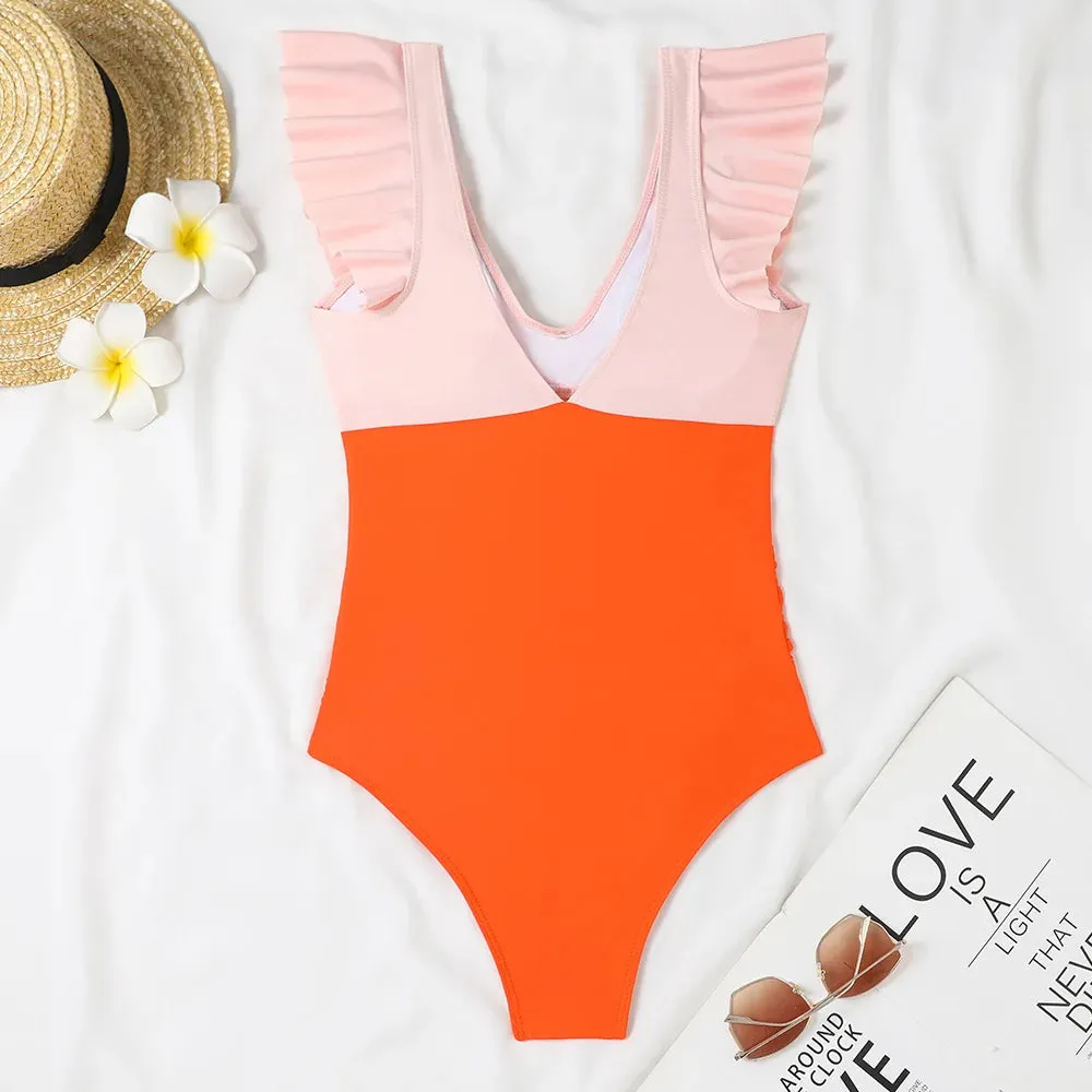 Ruffle V-neck cut out swimsuit
