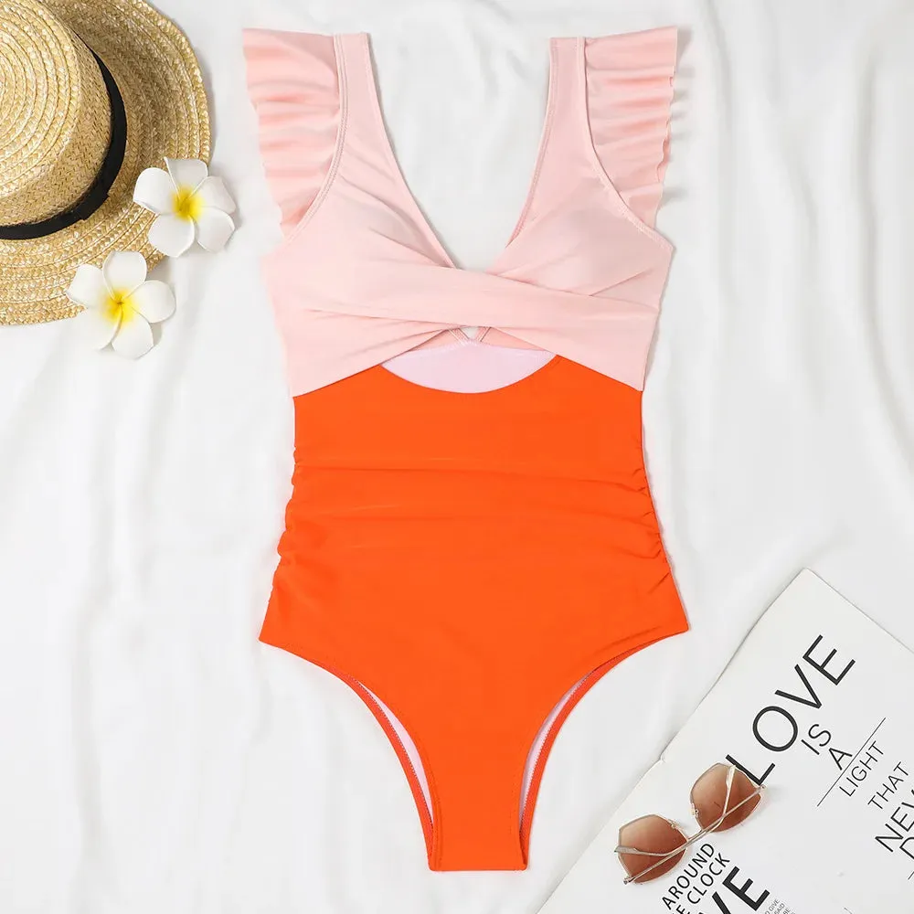 Ruffle V-neck cut out swimsuit