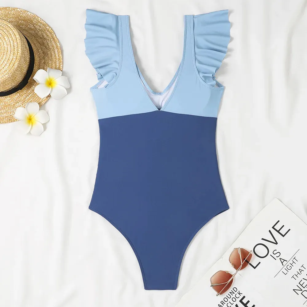 Ruffle V-neck cut out swimsuit