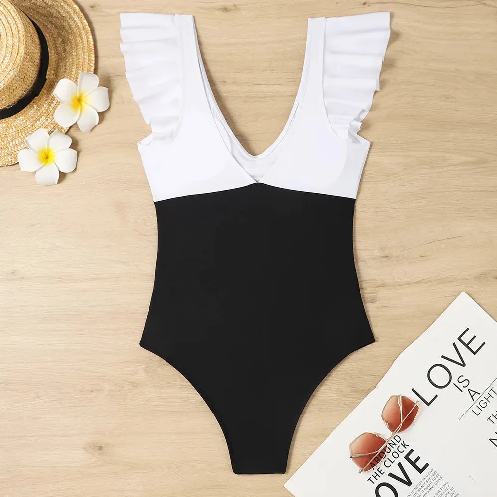 Ruffle V-neck cut out swimsuit