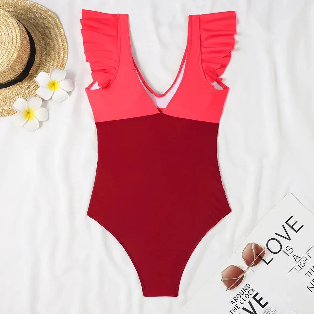 Ruffle V-neck cut out swimsuit