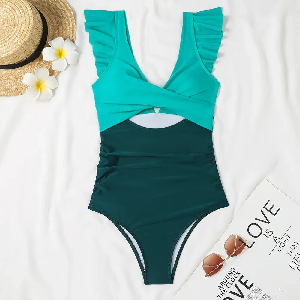 Ruffle V-neck cut out swimsuit