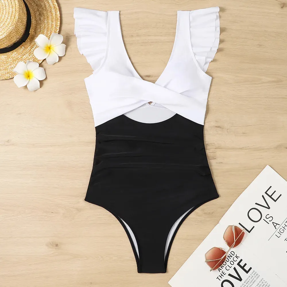 Ruffle V-neck cut out swimsuit