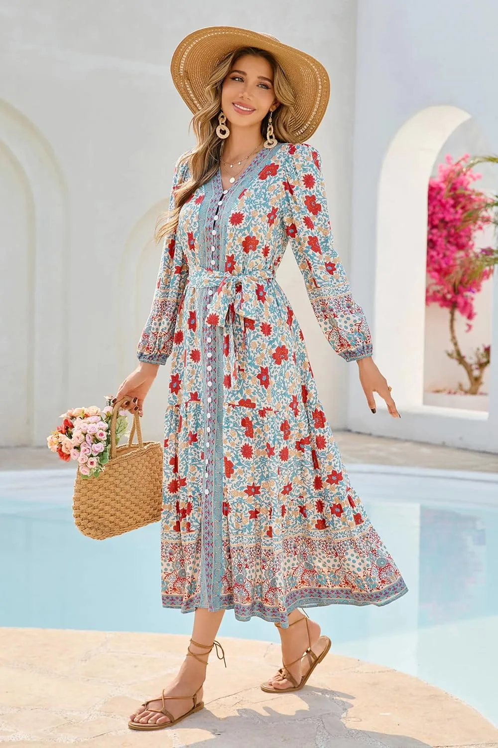 R.Vivimos Women's Long Sleeve Boho Midi Dress V Neck Floral Print Casual Button Down Loose Ruffle Beach Long Dress with Belt