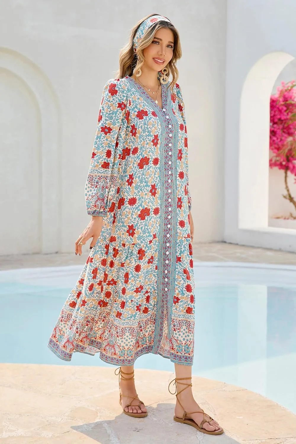 R.Vivimos Women's Long Sleeve Boho Midi Dress V Neck Floral Print Casual Button Down Loose Ruffle Beach Long Dress with Belt