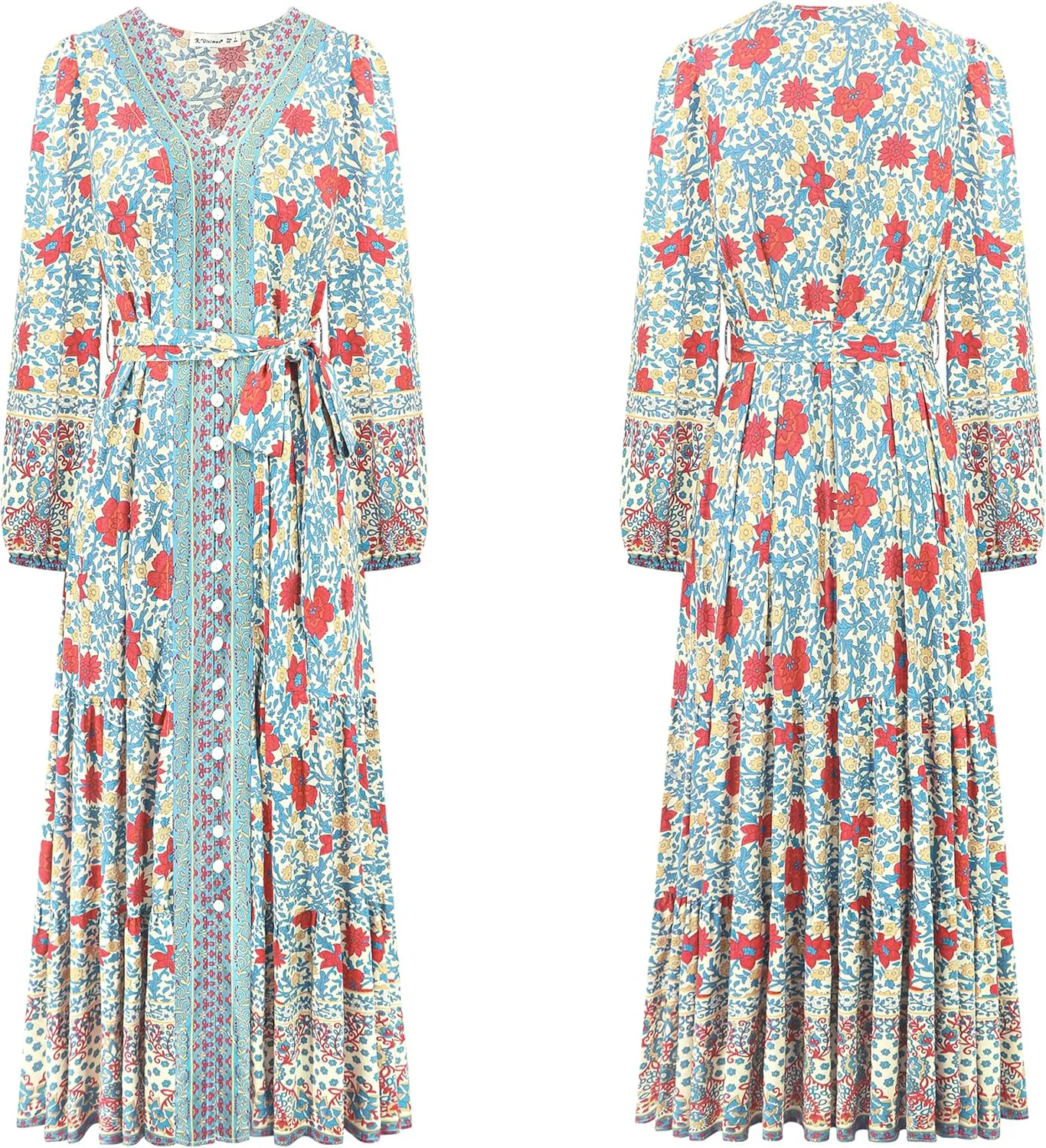 R.Vivimos Women's Long Sleeve Boho Midi Dress V Neck Floral Print Casual Button Down Loose Ruffle Beach Long Dress with Belt