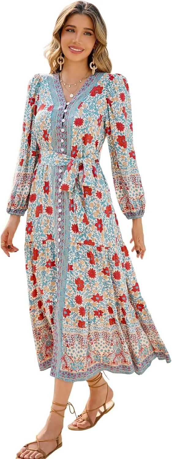 R.Vivimos Women's Long Sleeve Boho Midi Dress V Neck Floral Print Casual Button Down Loose Ruffle Beach Long Dress with Belt