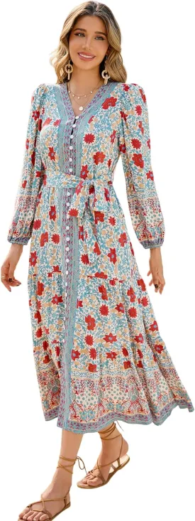 R.Vivimos Women's Long Sleeve Boho Midi Dress V Neck Floral Print Casual Button Down Loose Ruffle Beach Long Dress with Belt