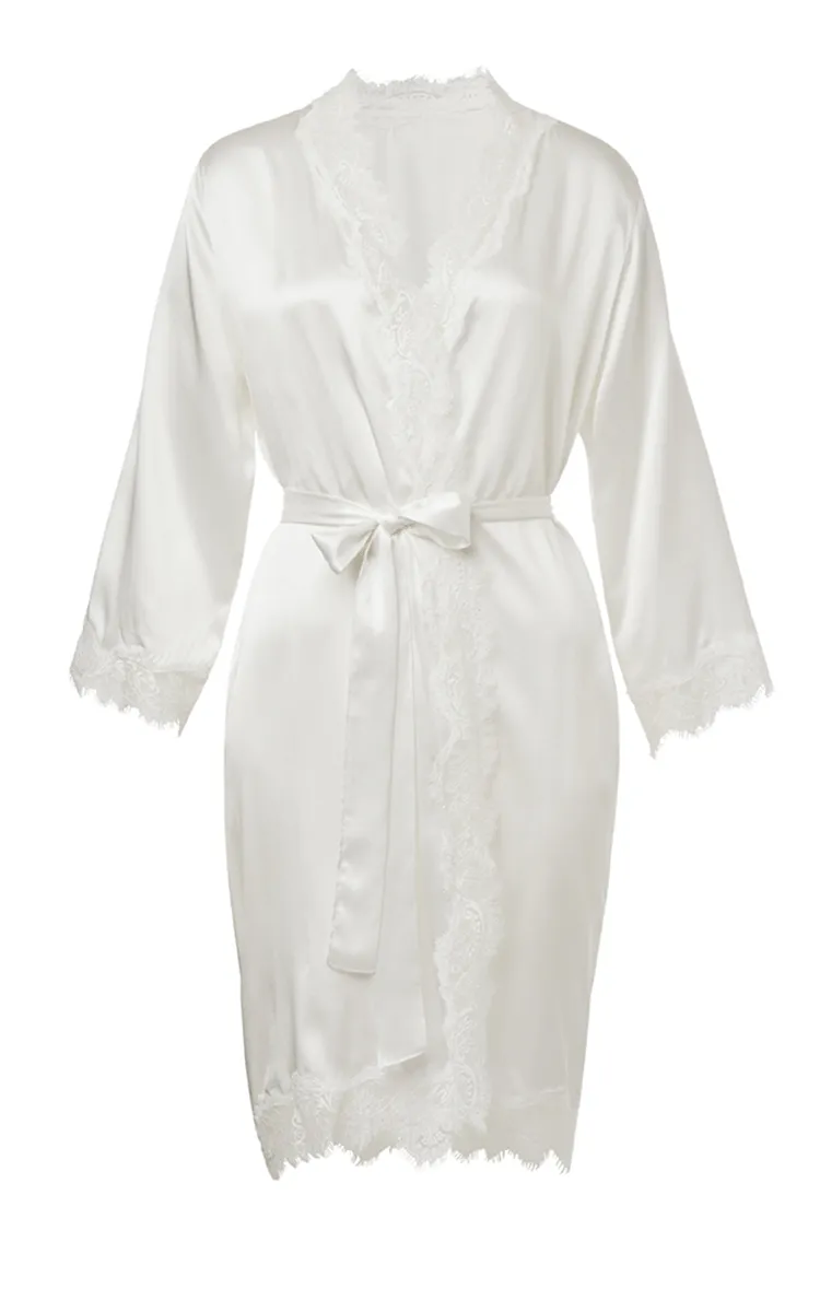 Sainted Sisters 100% Silk Robe with Lace in Ivory L65002