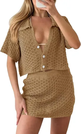 Saodimallsu Women 2 Piece Cover Up Set Crochet Beach Summer Knit Button Short Sleeve Crop Top Mini Skirt Sets
