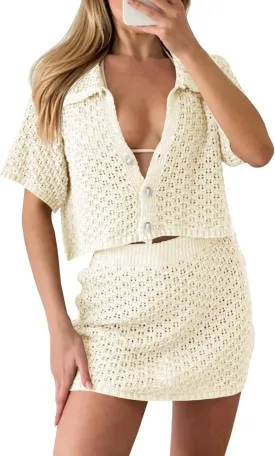 Saodimallsu Women 2 Piece Cover Up Set Crochet Beach Summer Knit Button Short Sleeve Crop Top Mini Skirt Sets