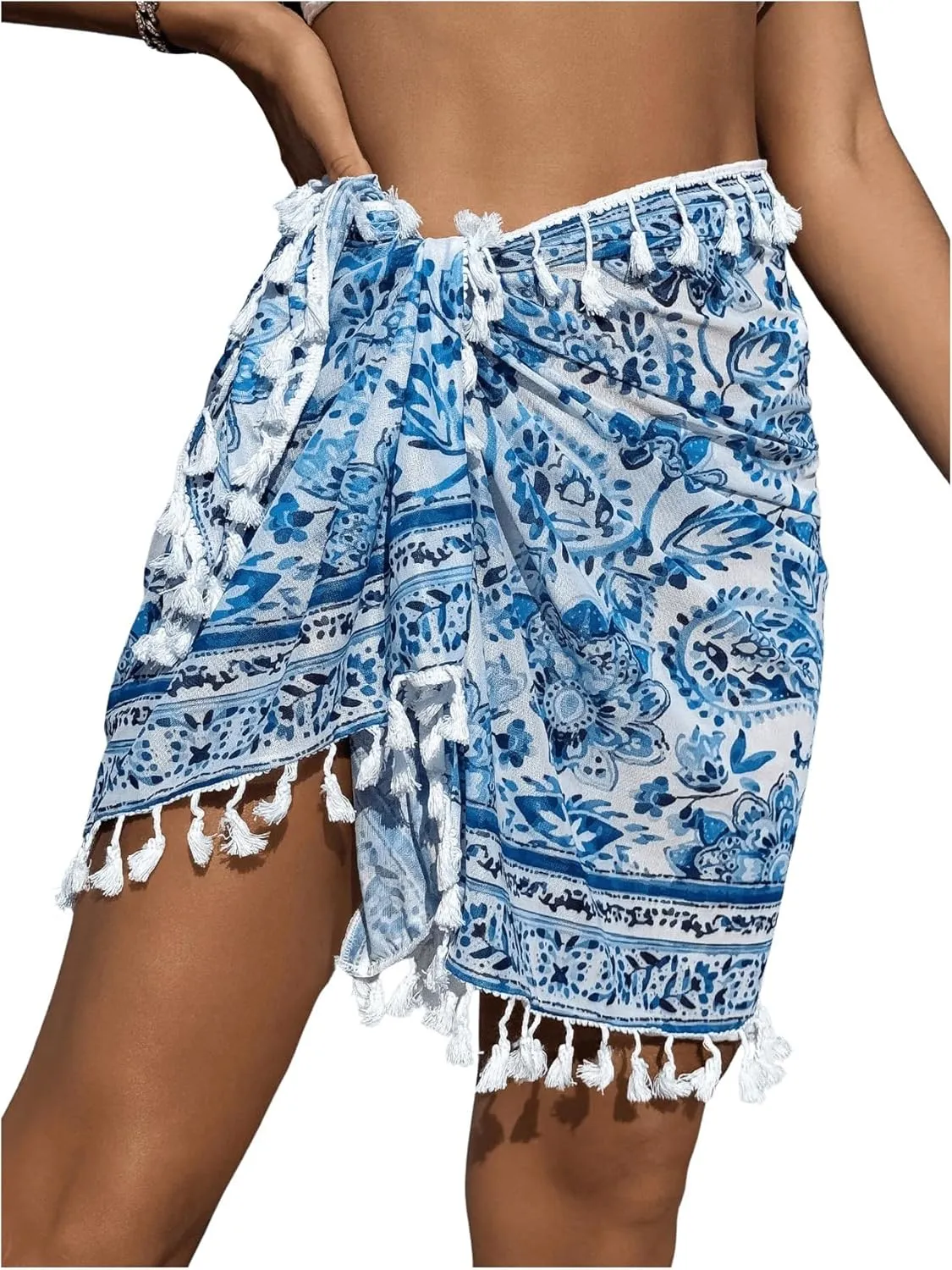 SHENHE Women's Paisley Print Beach Sarong Pareo Coverups Wrap Short Skirt with Tassels