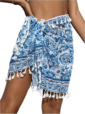 SHENHE Women's Paisley Print Beach Sarong Pareo Coverups Wrap Short Skirt with Tassels