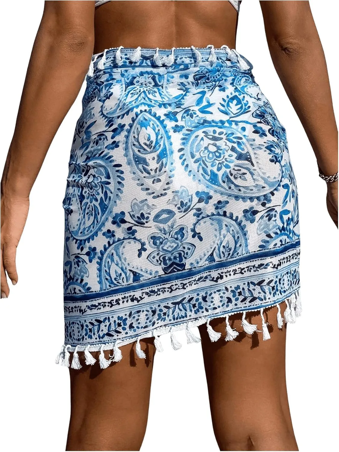 SHENHE Women's Paisley Print Beach Sarong Pareo Coverups Wrap Short Skirt with Tassels