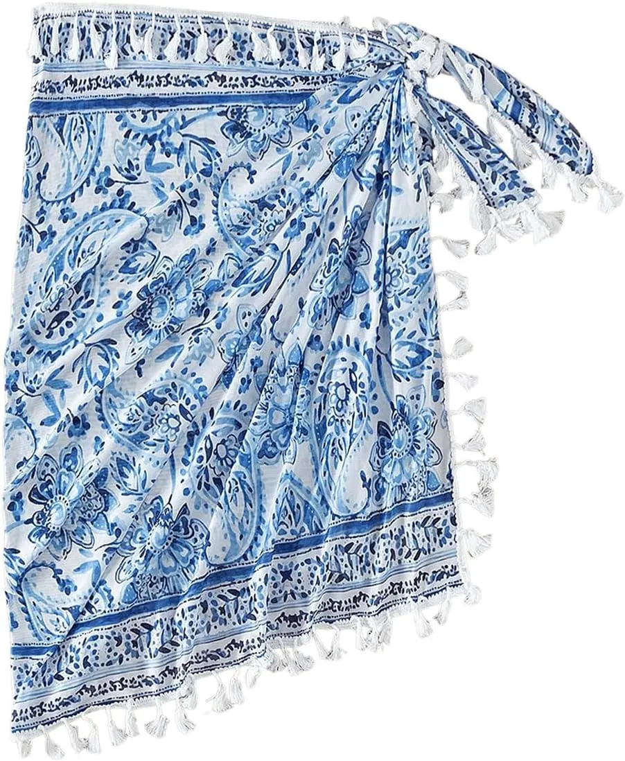SHENHE Women's Paisley Print Beach Sarong Pareo Coverups Wrap Short Skirt with Tassels