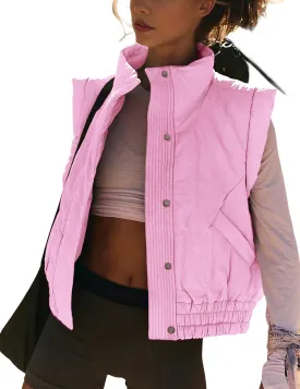 SKIKYAN Women Quilted Puffer Vest Button Down Scrunch Sleeveless Winter Stand Collar Padded Gilet with Pockets
