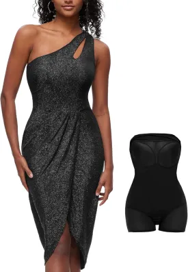 Slimers Dress with Built in Shapewear - One-Shoulder Dresses for Women - Bodycon Midi with Shaper Bodysuit