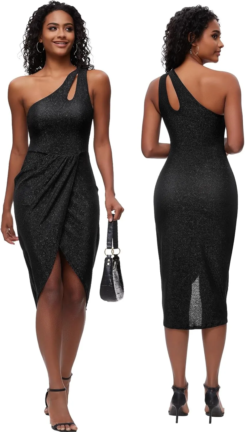 Slimers Dress with Built in Shapewear - One-Shoulder Dresses for Women - Bodycon Midi with Shaper Bodysuit