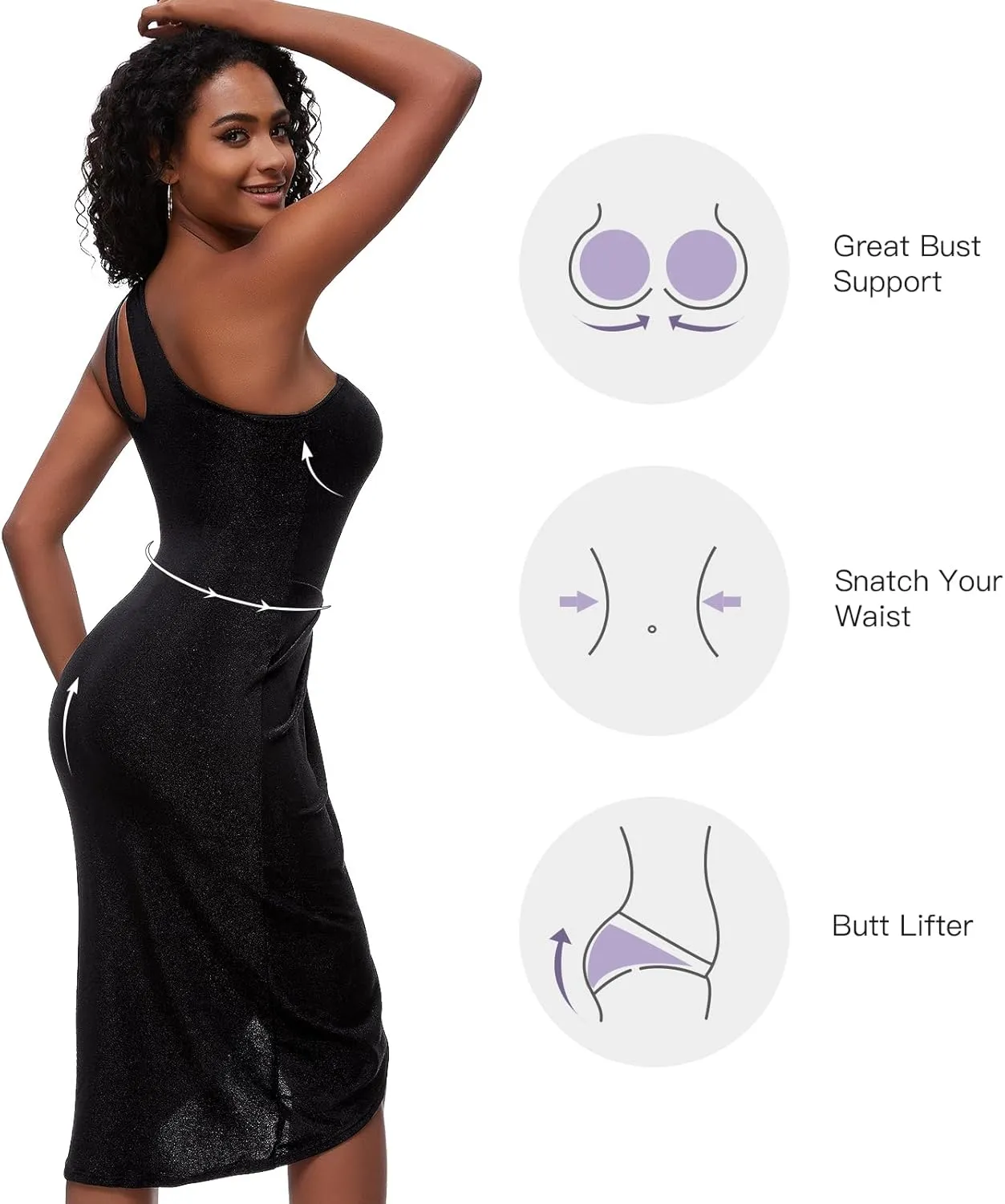 Slimers Dress with Built in Shapewear - One-Shoulder Dresses for Women - Bodycon Midi with Shaper Bodysuit