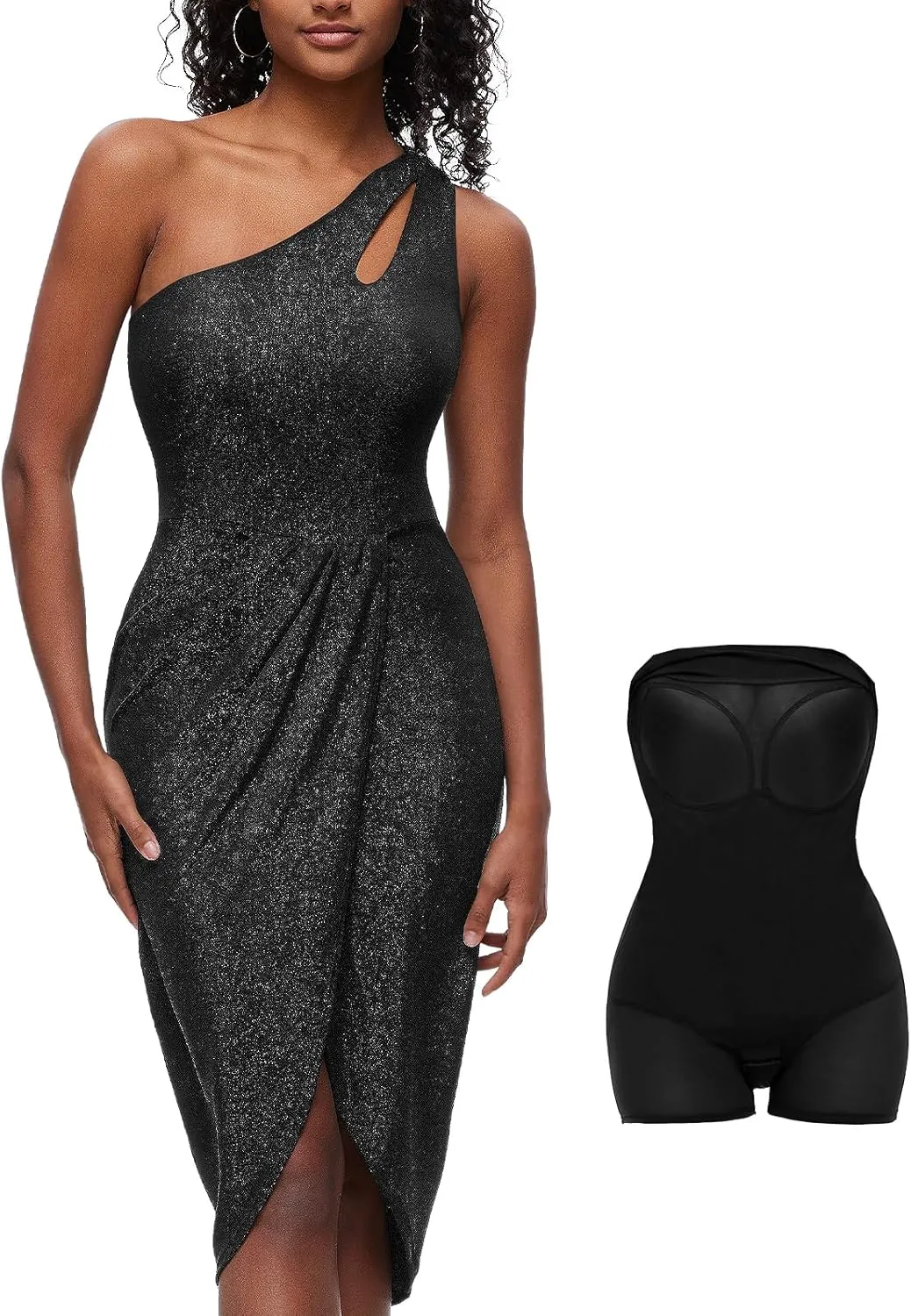 Slimers Dress with Built in Shapewear - One-Shoulder Dresses for Women - Bodycon Midi with Shaper Bodysuit