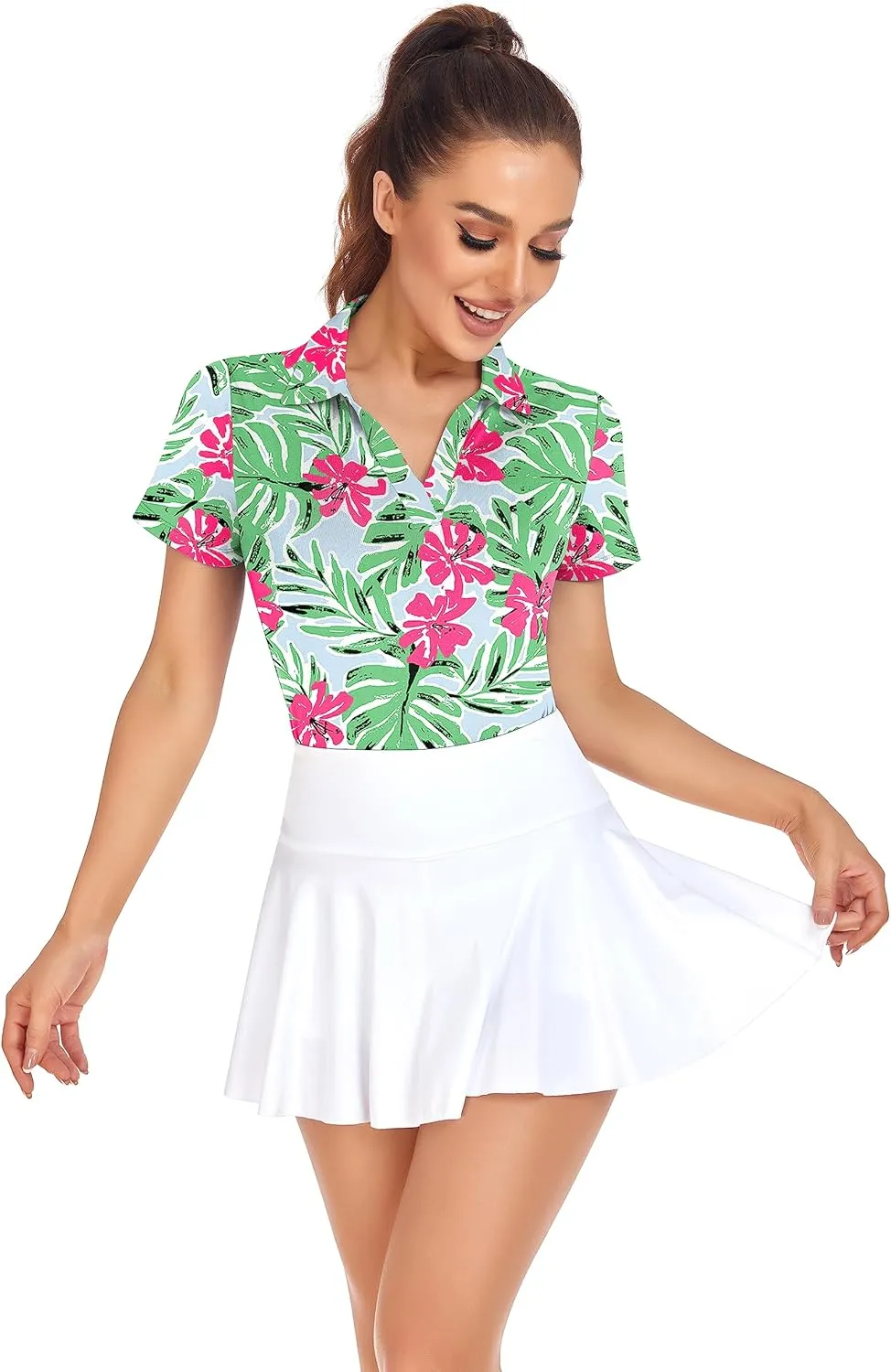 Soneven Womens Petal Sleeve Golf Shirts Moisture Wicking Lady Golf Apparel Print Tennis Sport T Shirt