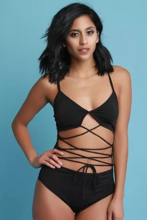 Strappy Lace Up V-Neck One Piece Swimsuit
