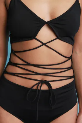 Strappy Lace Up V-Neck One Piece Swimsuit