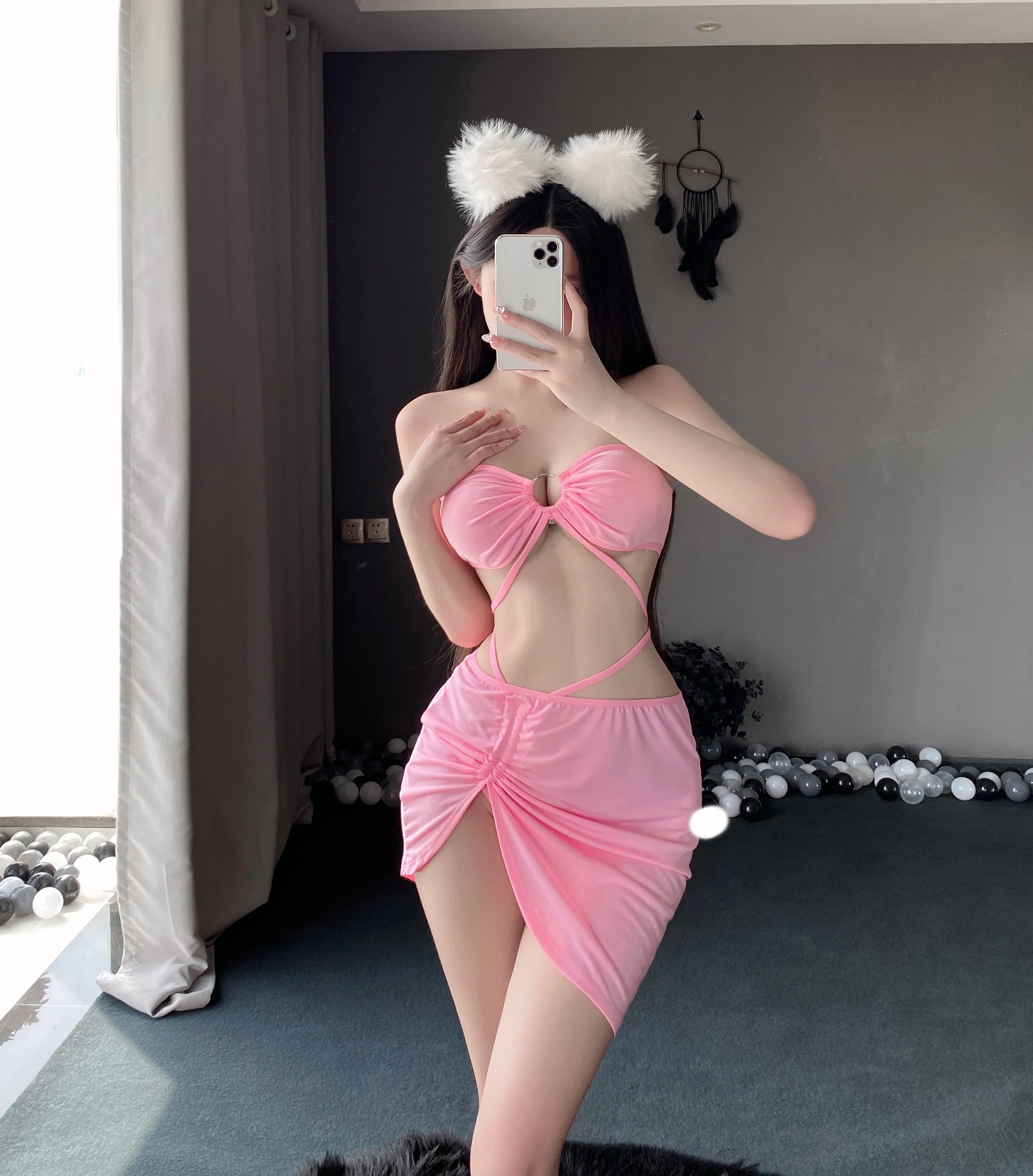 T-2713 Suspender high waist split nightdress short skirt